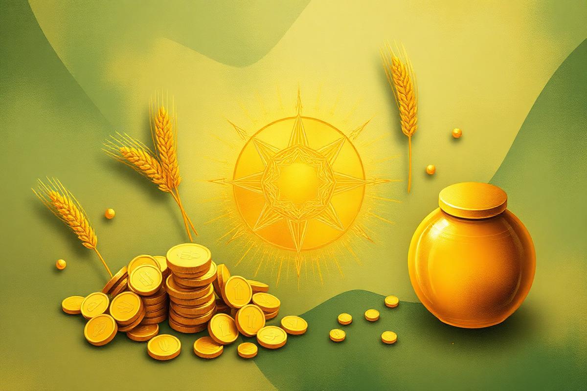 Símbolos de abundancia: monedas doradas, trigo y sol
