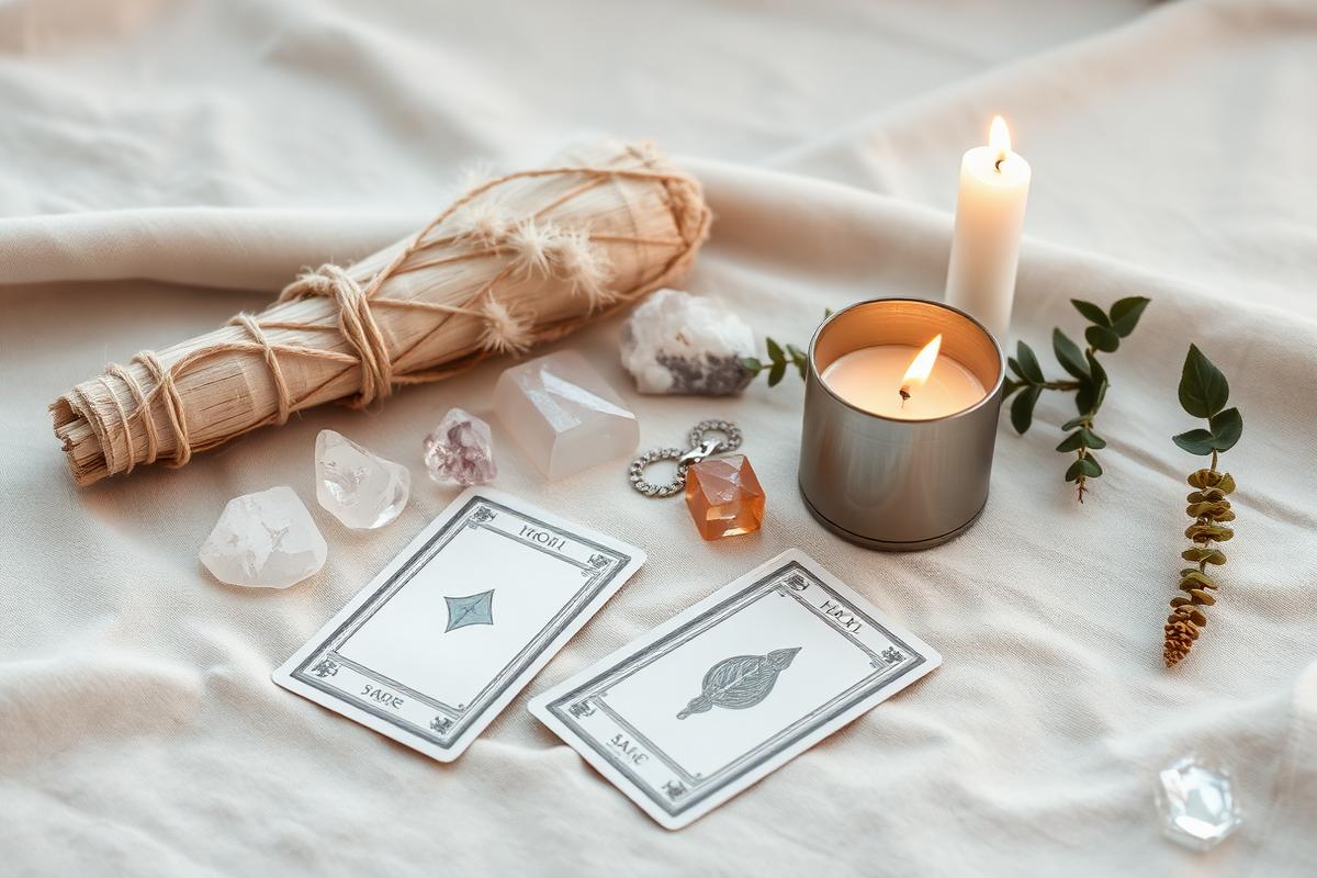 Ramo de salvia, cristales, velas y cartas sobre lino
